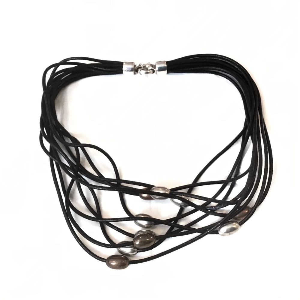 Sterling Silver Beaded Multi-Leather Cords Necklace 16" Long